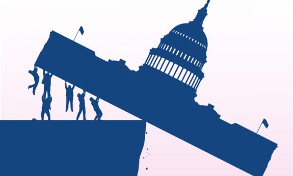 graphic of people tipping Congress building over the edge