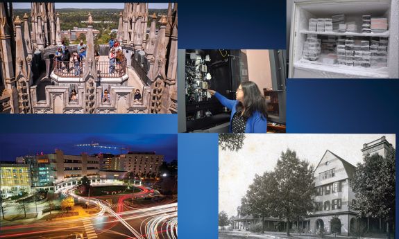 A collage of a freezer, a microscope, the chapel, a building and the hospital.