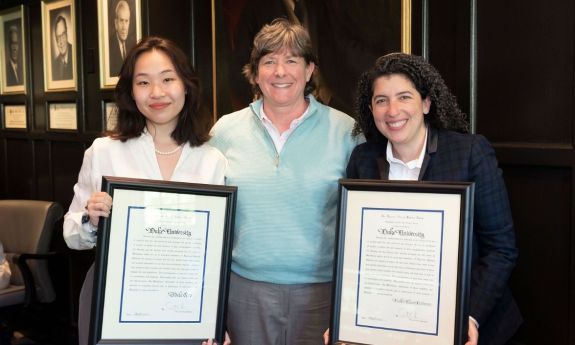 Interim Provost Jennifer Francis is surrounded by Sullivan Award winners Adela Guo and Rabbi Elana Friedman. The third winner, Bijan Abar, was not able to attend the ceremony.
