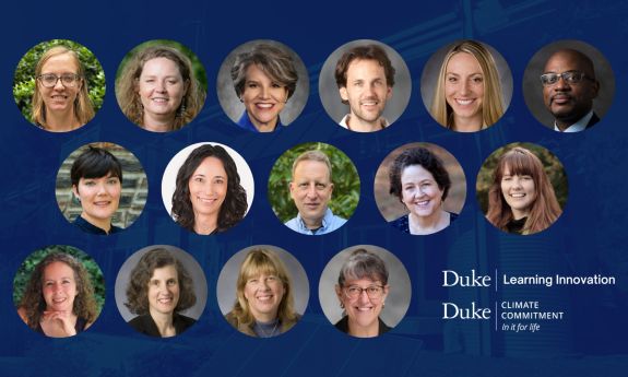 Collage of headshots of faulty members with logos for Duke Learning Innovation and Duke Climate Commitment