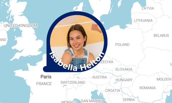 Photo of Isabella Helton laid over a map of France and Europe