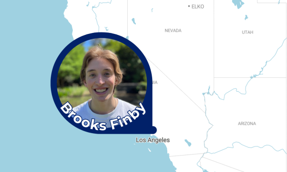 A photo of Duke student Brooks Finby and a map of Los Angeles, California.