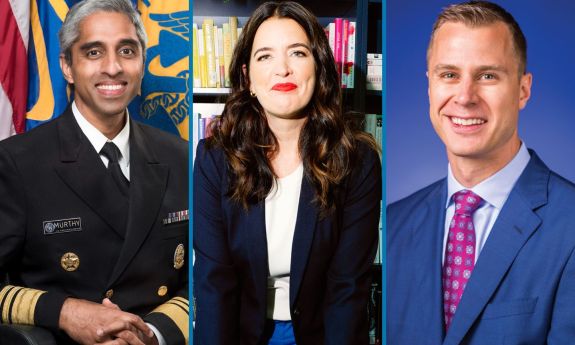 US Surgeon General Dr. Vivek Murthy with Kate Bowler and Jon Scheyer.