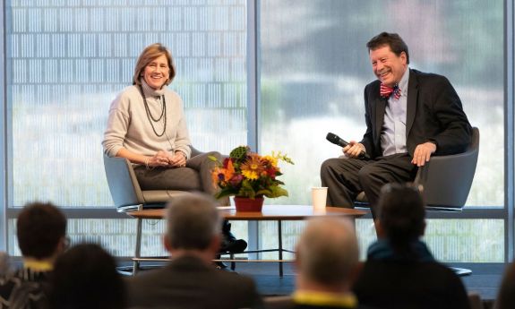 Mary Klotman, executive vice president for health affairs and dean of Duke University School of Medicine, discusses public trust in science during a “fireside chat” with Robert M. Califf, commissioner of the U.S. Food and Drug Administration.