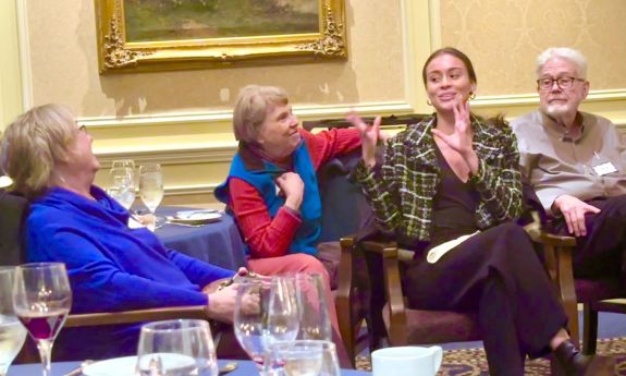 Duke undergraduate Sophie Smith speaks with, from left, Carol Hamilton, Betsy Alden and Alan Teasley at a recent dinner that promoted “intergenerational conversations” be-tween Duke students and OLLI members.