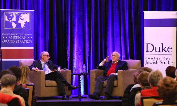 Bruce Jentleson interviews former Ambassador Daniel Kurtzer about the conflicts in the Middle East. Photo by Huth Photo