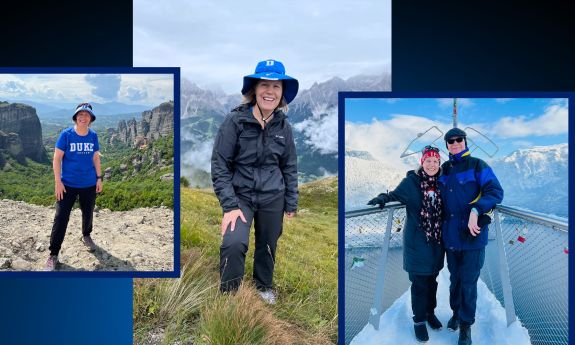 Cara Gambill, the 2024 Get Moving Challenge winner, poses in two hiking locales, and with her father, Alan Gambill