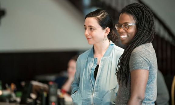 Danya Taymor ‘10 and Antoinette Chinonye Nwandu during a 2017 rehearsal of “Pass Over.”