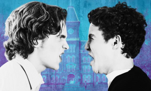 Graphic of two people arguing against a university backdrop