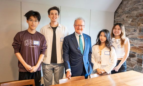 John Quelch makes his first visit to Duke since becoming executive vice chancellor of DKU in January, 2024. He meets for lunch with some DKU students the Commons meeting room, Brodhead Center