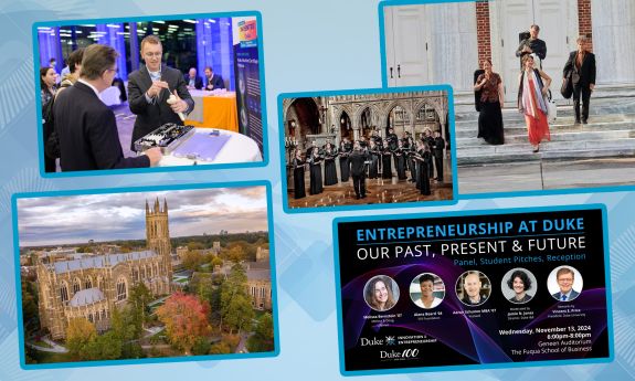A collage of photos includes a picture of Duke Chapel, a musical quartet standing on the steps of a building, a chorus group standing in performance robes, an event listing for Entrepreneurs at Duke and two men examining a product on a table at an exhibition.,