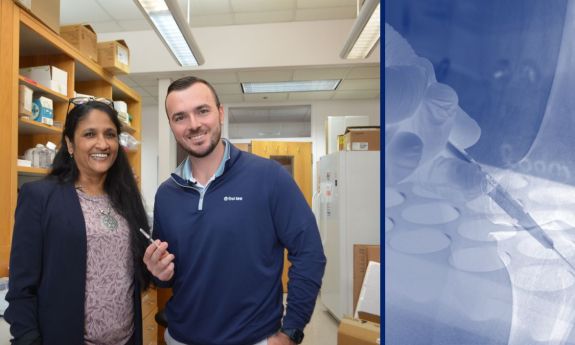 Shyni Varghese and Hunter Newman in a lab
