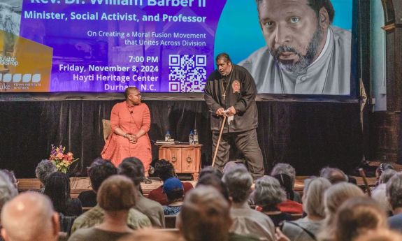 William Barber assesses the 2024 election in an interview with Adriane Lentz-Smith in Hayti Heritage Center