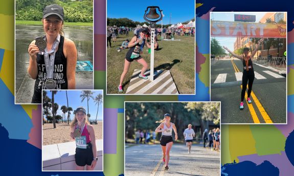 A collage of a woman in five different half-marathon settings