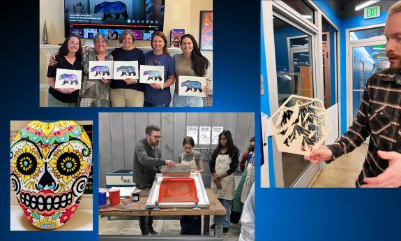 A collage of various art examples -- a painting of a skull, five women holding watercolors, a man holding a wood cutout and a man demonstrating screen printing to two onlookers.