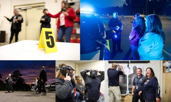A collage of photos from the Duke Citizens Police Academy includes a mock crime scene, a traffic stop, a DWI test, an active shooter situation and three people standing by a target