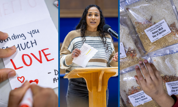 Montage of Day of Service events: Backpacking, Marissa Young at the Unity Rally and meal packing