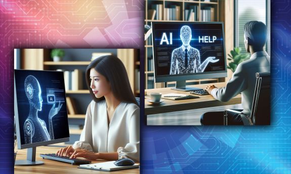 Illustrations of a woman and a man typing on a computer asking it for AI help.