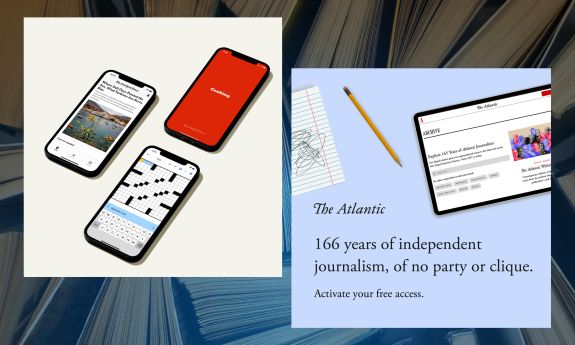 Graphics show images of cell phones with the New York Times app and a tablet with The Atlantic displayed on it.