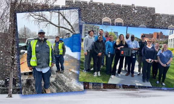 A collage shows two photos overlayed atop a photo of snowfall at Duke University. The photo on the left shows two men from Facilities who helped clear an icy sidewalk, and the photo on the right is a team of workers from Duke Health who helped create and transport life-saving research.
