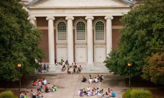 students in front of baldwin auditorium