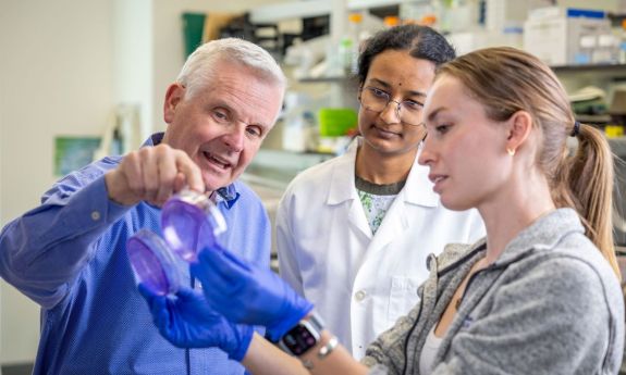 McDonnell discusses research with postdoctoral fellow Vaishnavi Subramanyan, PhD, and graduate student Jill Caiazzi. 
