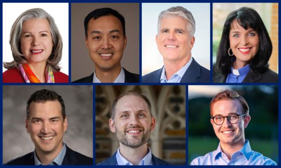  new trustees, clockwise from top left:  Anne Faircloth, Garheng Kong, David (Randy) Peeler, Connie Mitchell Shelton, Robert (Max) Perkins, Austin Beason and Jax Nalley