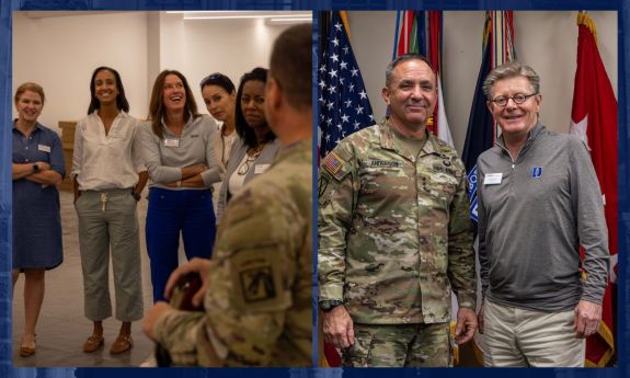 Group of people on the left and on the right two people, one in military uniform