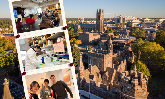 Strip of photos from a classroom, lab, and lobby featuring students and researchers. Overlaid over an aerial of Duke campus