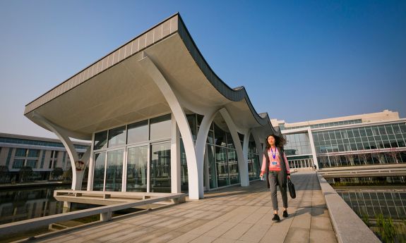 Student walks on the new Duke Kunshan University campus.