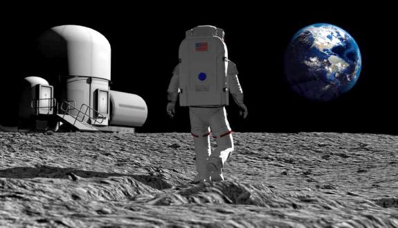 Astronaut walking on the moon and admiring the beautiful Earth. Elements of this image furnished by NASA. 3D rendering