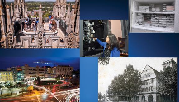 A collage of a freezer, a microscope, the chapel, a building and the hospital.