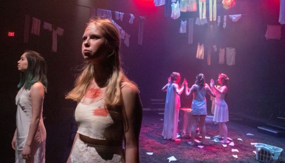 Duke student actors on stage during a rehearsal of The Fury. Photo by Bill Snead