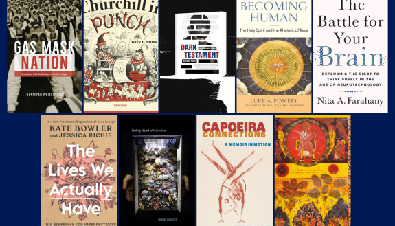 book covers for Gas Mask Nation, Churchill in Punch, Dark Testament, Becoming Human, The Battle for your Brain, The Lives We Actually Have, Capoeira, and Image of the Invisible God