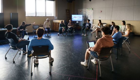 theater students plan out new play Bikini with members of the Fake Friends acting troupe