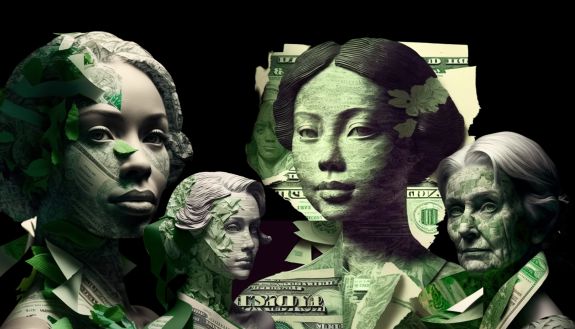 Illustration of women and paper money.
