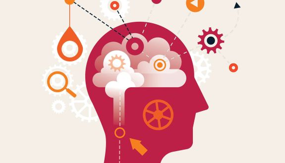 graphic of a cartoon head with brain showing gears moving