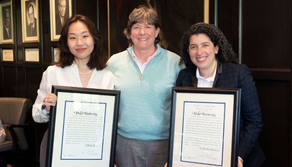Interim Provost Jennifer Francis is surrounded by Sullivan Award winners Adela Guo and Rabbi Elana Friedman. The third winner, Bijan Abar, was not able to attend the ceremony.