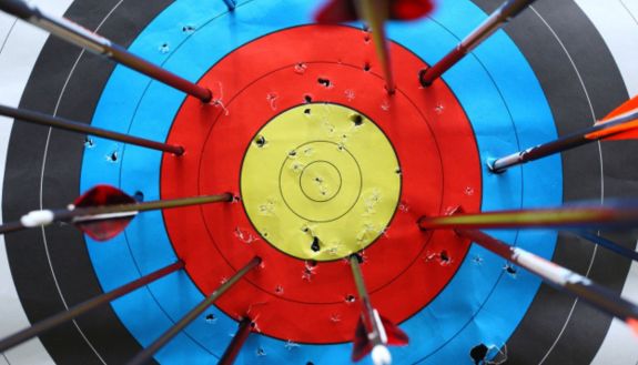 archery target with arrows around the rim