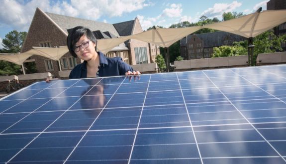 Engineering student looks over solar panels