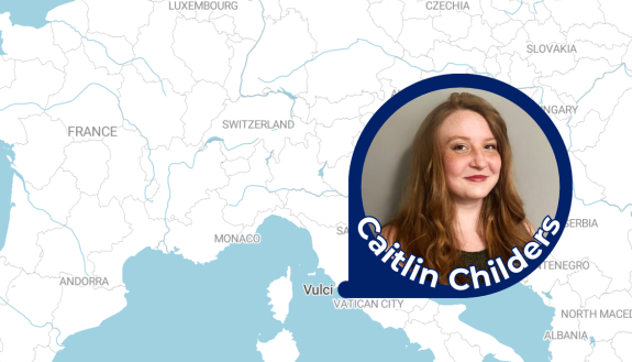 An image of Duke student Caitlin Childers and a map of Italy