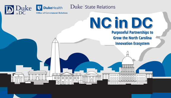 Illustration with Header: NC in DC and sub-header: Purposeful Partnerships to Grow the North Carolina Innovation Ecosystem. Background is cloud shaped like the state of North Carolina above the Washington Monument and Capital dome