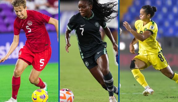 Quinn (Canada), Toni Payne (Nigeria) and Kayla McCoy (Jamaica)