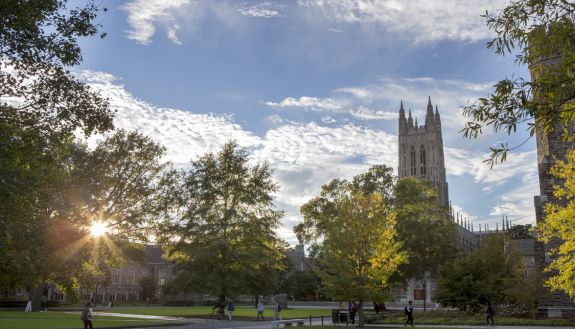 A sunny West Campus scene featuring Duke University Chapel.