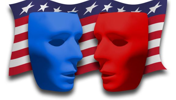 stock image of political divisions between red and blue political actors, in front of US flag