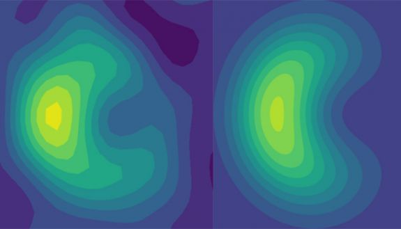 Experimental results from a quantum computer (left) that match well with theory (right) are the first quantum-based method to show a quantum effect in the way light absorbing molecules interact with incoming photons.