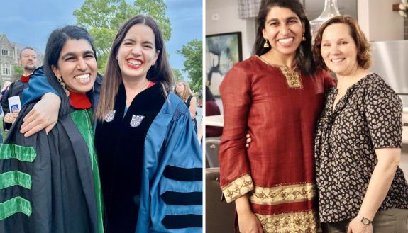 From Left, Monica Bodd, MD, MTS, and Kate Bowler, PhD, at the Duke Divinity School graduation. Susan C. Locke, PhD, lead project manager and researcher in the Duke Cancer Patient Experience Research Program, joins Monica Bodd, MD