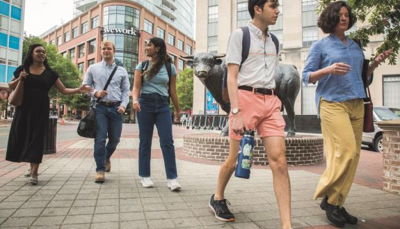 Bass Connections team walking through downtown Durham.