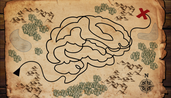 A map with a line drawing of a brain