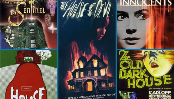 Collage of scary house movies: The Sentinel, House of the Devil, the Innocents, The Old Dark House, House
